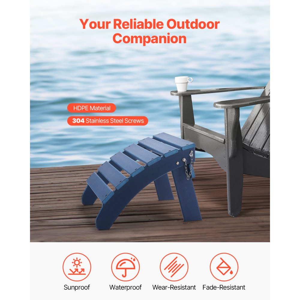 VEVOR Adirondack Ottoman Set of 2, 18.7L x 18.9W x 13.8H Inch HDPE Plastic Folding Adirondack Ottoman, Weather-Resistant Foot Rest for Adirondack Chair, Used for Outside Porch Pool Lawn Backyard, Blue