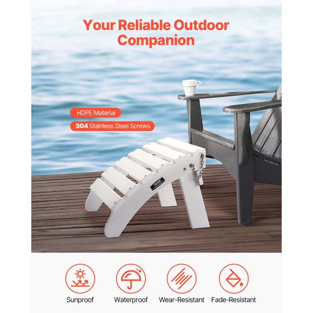 VEVOR Adirondack Ottoman, 17.7L x 19.7W x 13.8H Inch HDPE Plastic Folding Adirondack Ottoman, Weather-Resistant Foot Rest for Adirondack Chair, Widely Used for Outside Porch Pool Lawn Backyard, White