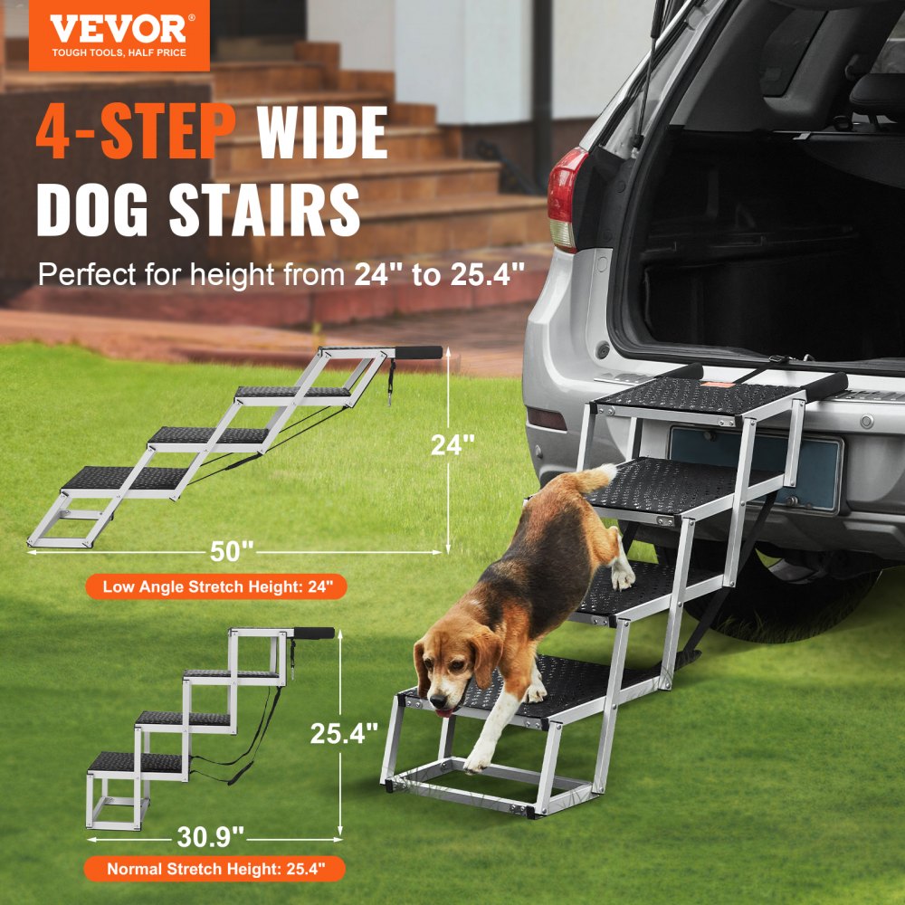 VEVOR Dog Stair for Cars, Wide 4-step Dog Car Steps, Folding Dog Car Ramp with Nonslip Surface, Portable Pet Steps Lightweight Aluminum for Car, SUV and Truck, Supports up to 150 lbs