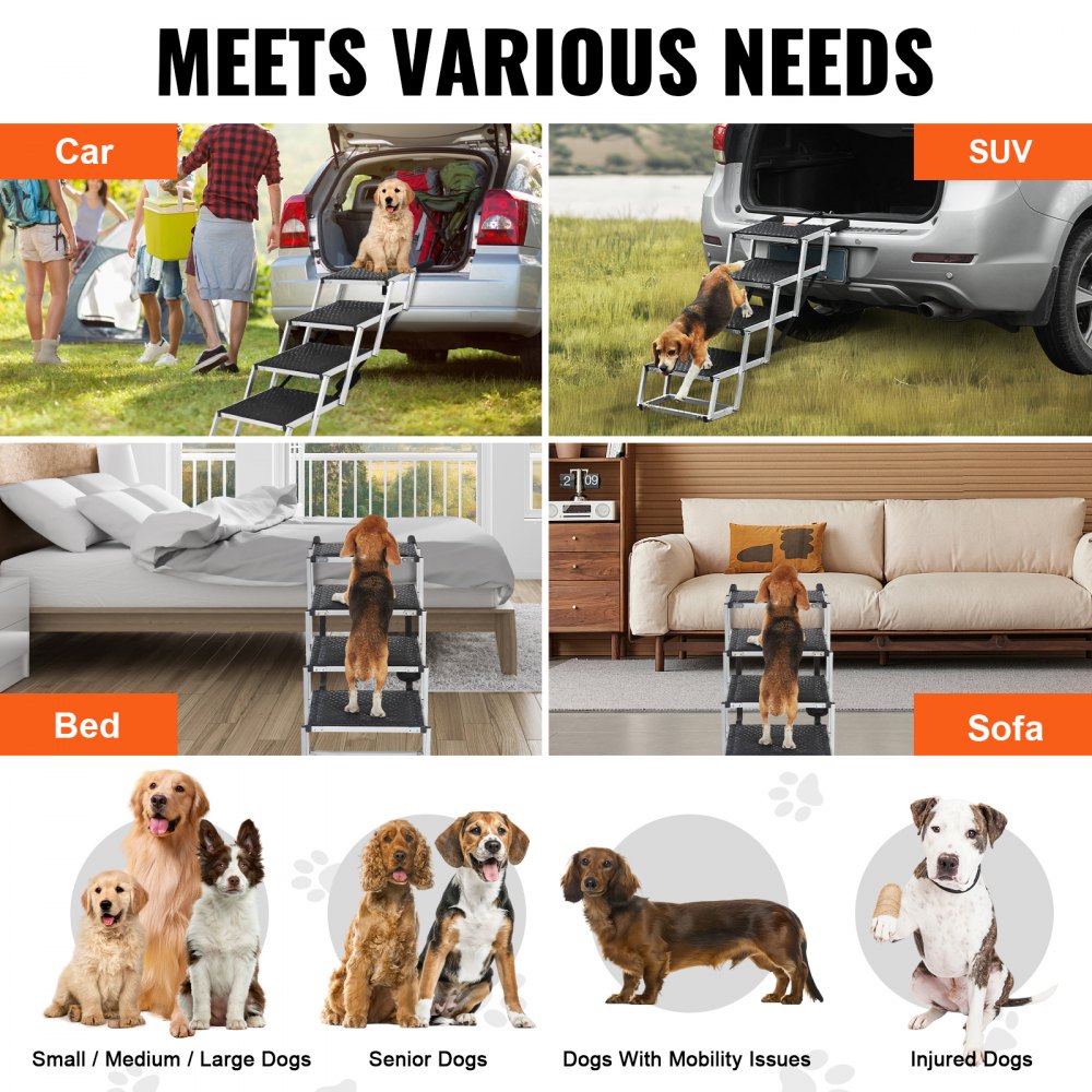 VEVOR Dog Stair for Cars, Wide 4-step Dog Car Steps, Folding Dog Car Ramp with Nonslip Surface, Portable Pet Steps Lightweight Aluminum for Car, SUV and Truck, Supports up to 150 lbs