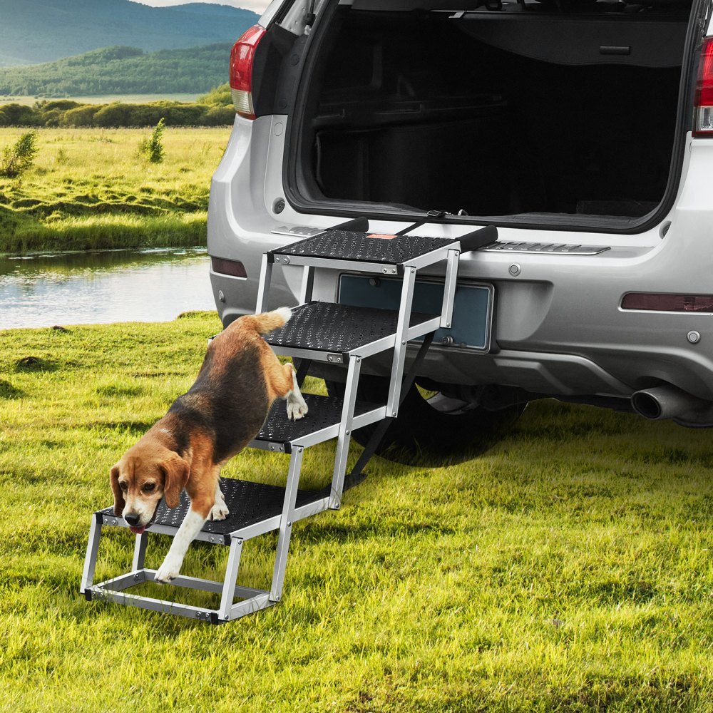 VEVOR Dog Stair for Cars, Wide 4-step Dog Car Steps, Folding Dog Car Ramp with Nonslip Surface, Portable Pet Steps Lightweight Aluminum for Car, SUV and Truck, Supports up to 150 lbs