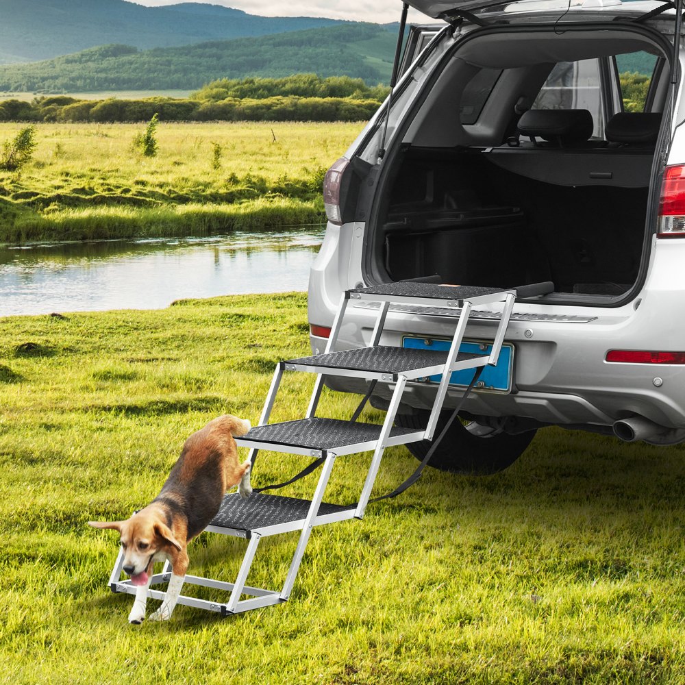 VEVOR Dog Stair for Cars, Wide 4-step Dog Car Steps, Folding Dog Car Ramp with Nonslip Surface, Portable Pet Steps Lightweight Aluminum for Car, SUV and Truck, Supports up to 250 lbs