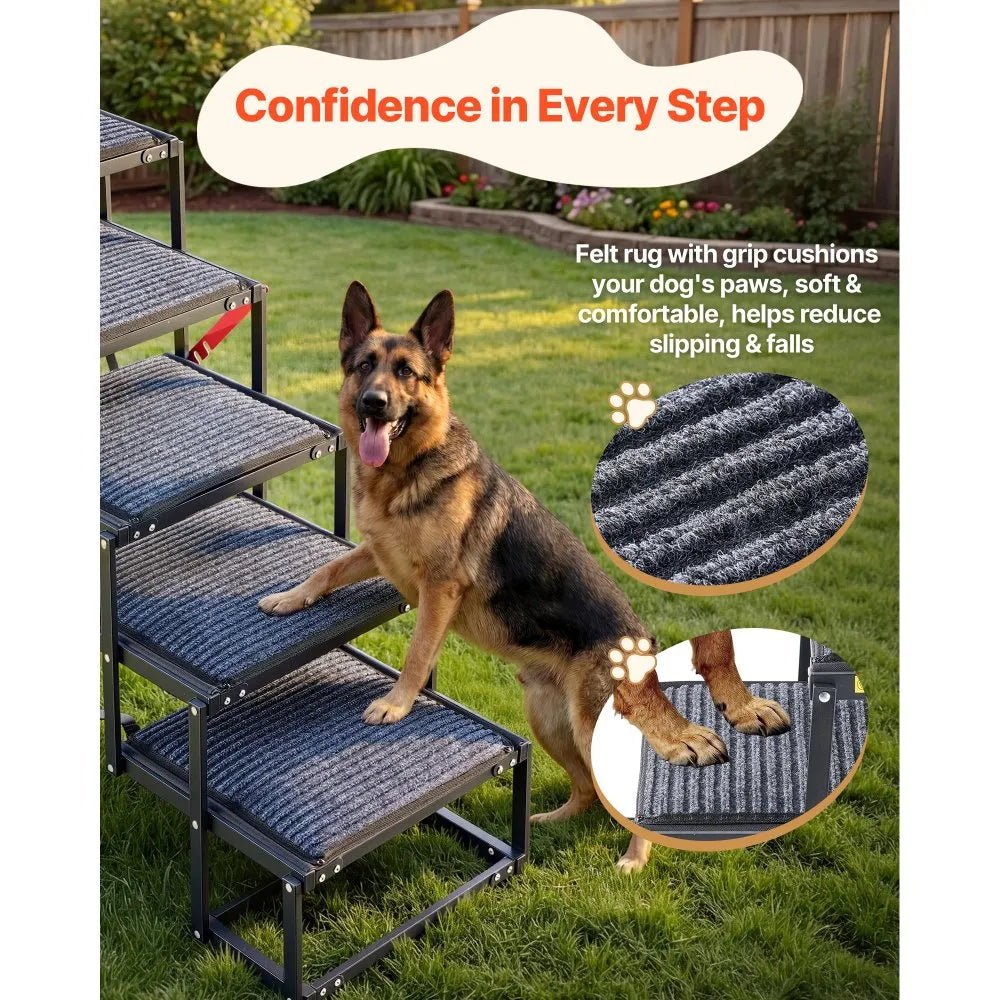 VEVOR Dog Stairs for Car, 5 Steps Extra Wide Foldable Dog Ramp for Large Dogs with Non-Slip Rug Surface, Portable Lightweight Pet Ladder for Car, SUV, Truck, High Beds, Sofas, Support up to 200 lbs