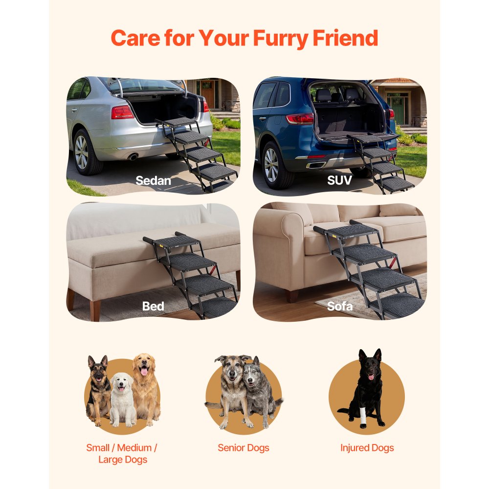 VEVOR Dog Stairs for Car, 5 Steps Extra Wide Foldable Dog Ramp for Large Dogs with Non-Slip Rug Surface, Portable Lightweight Pet Ladder for Car, SUV, Truck, High Beds, Sofas, Support up to 200 lbs