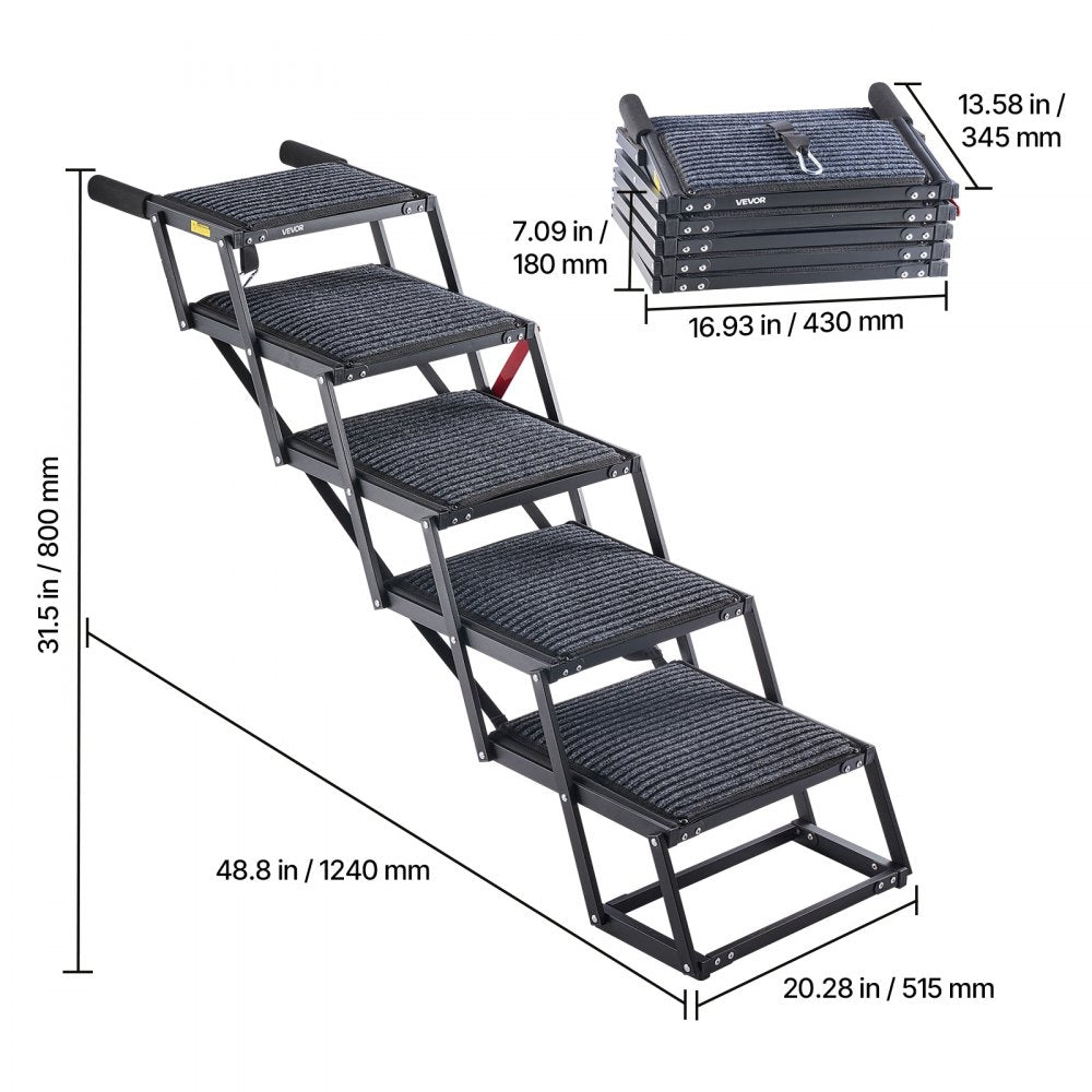 VEVOR Dog Stairs for Car, 5 Steps Extra Wide Foldable Dog Ramp for Large Dogs with Non-Slip Rug Surface, Portable Lightweight Pet Ladder for Car, SUV, Truck, High Beds, Sofas, Support up to 200 lbs