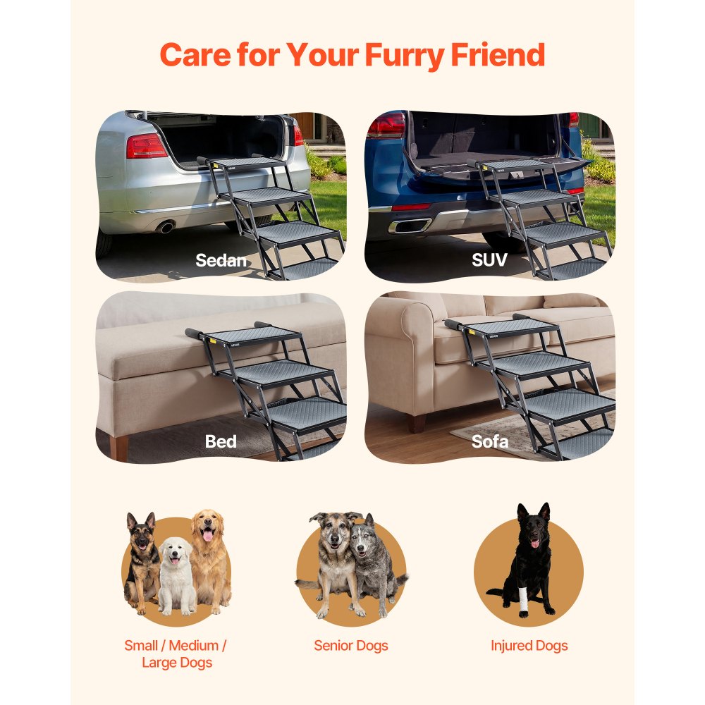 VEVOR Dog Stairs for Car, 4 Steps Extra Wide Foldable Dog Ramp for Large Dogs with Non-Slip Surface, Portable Lightweight Pet Stairs Ladder for Car, SUV, Truck, High Bed, Sofa, Support up to 400 lbs