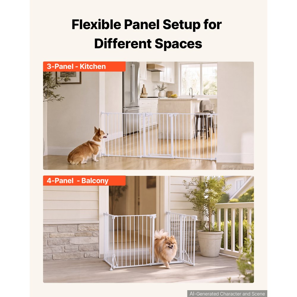 VEVOR Freestanding Dog Gate 30" Tall 4-Panel Foldable Metal Pet Gate White, For Stairs Doorways, Dual-Triangle Support, Sturdy Metal Construction, Freestanding or Wall Mount, Flexible Shapes, Easy Fit