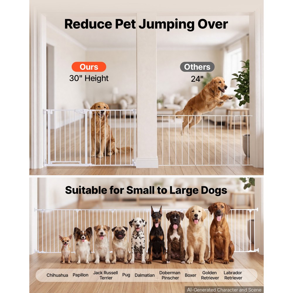 VEVOR Freestanding Dog Gate 30" Tall 6-Panel Foldable Metal Pet Gate White, For Stairs Doorways, Dual-Triangle Support, Sturdy Metal Construction, Freestanding or Wall Mount, Flexible Shapes, Easy Fit