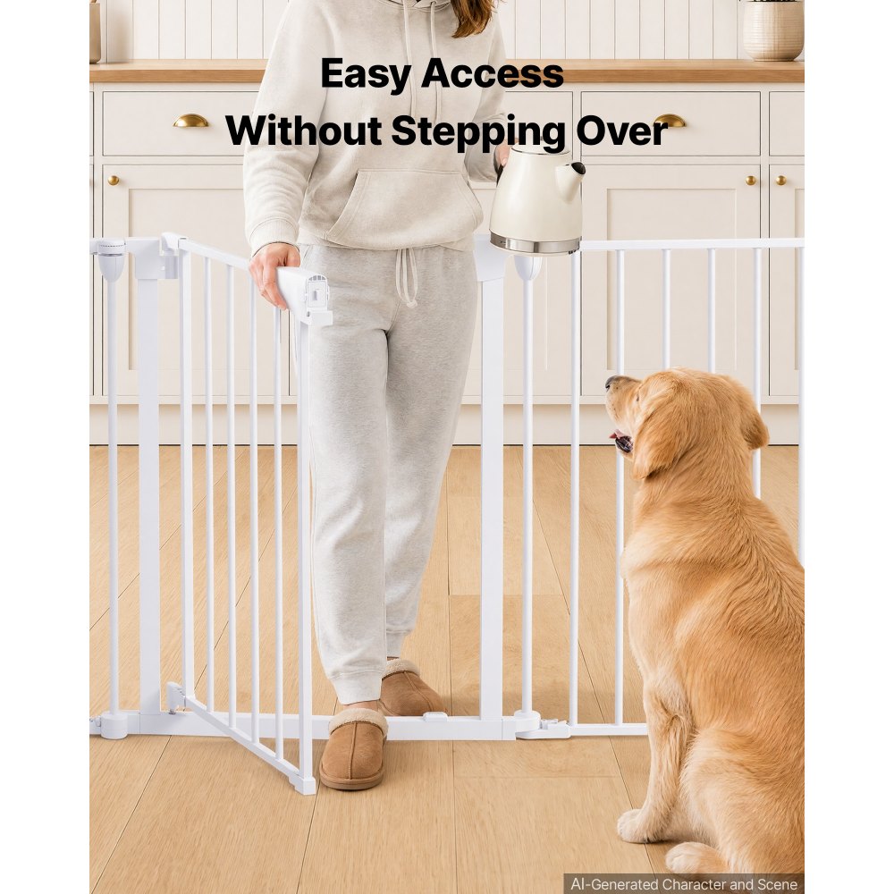 VEVOR Freestanding Dog Gate 30" Tall 6-Panel Foldable Metal Pet Gate White, For Stairs Doorways, Dual-Triangle Support, Sturdy Metal Construction, Freestanding or Wall Mount, Flexible Shapes, Easy Fit