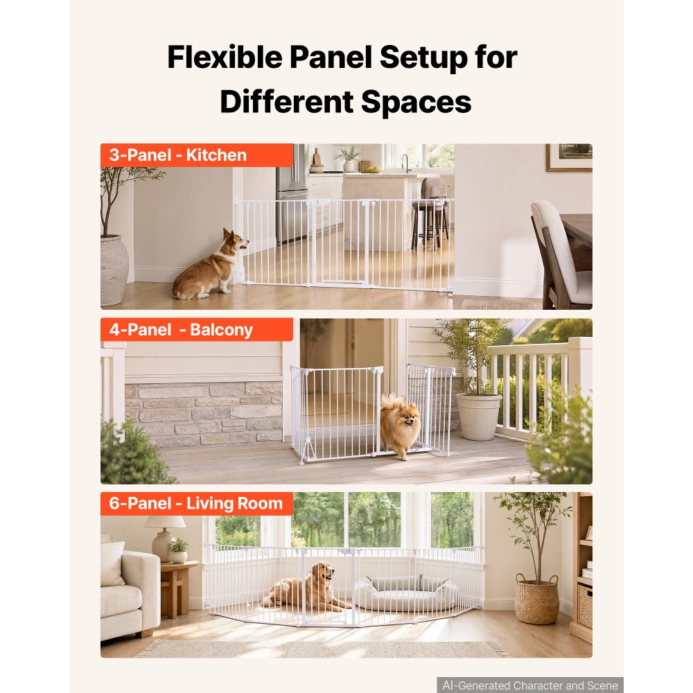 VEVOR Freestanding Dog Gate 32" Tall 6-Panel Foldable Metal Pet Gate White, For Stairs Doorways, Dual-Triangle Support, Sturdy Metal Construction, Freestanding or Wall Mount, Flexible Shapes, Easy Fit