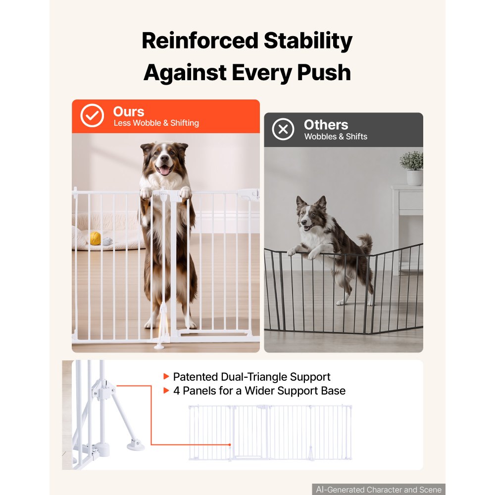 VEVOR Freestanding Dog Gate 32" Tall 4-Panel Foldable Metal Pet Gate White, For Stairs Doorways, Dual-Triangle Support, Sturdy Metal Construction, Freestanding or Wall Mount, Flexible Shapes, Easy Fit