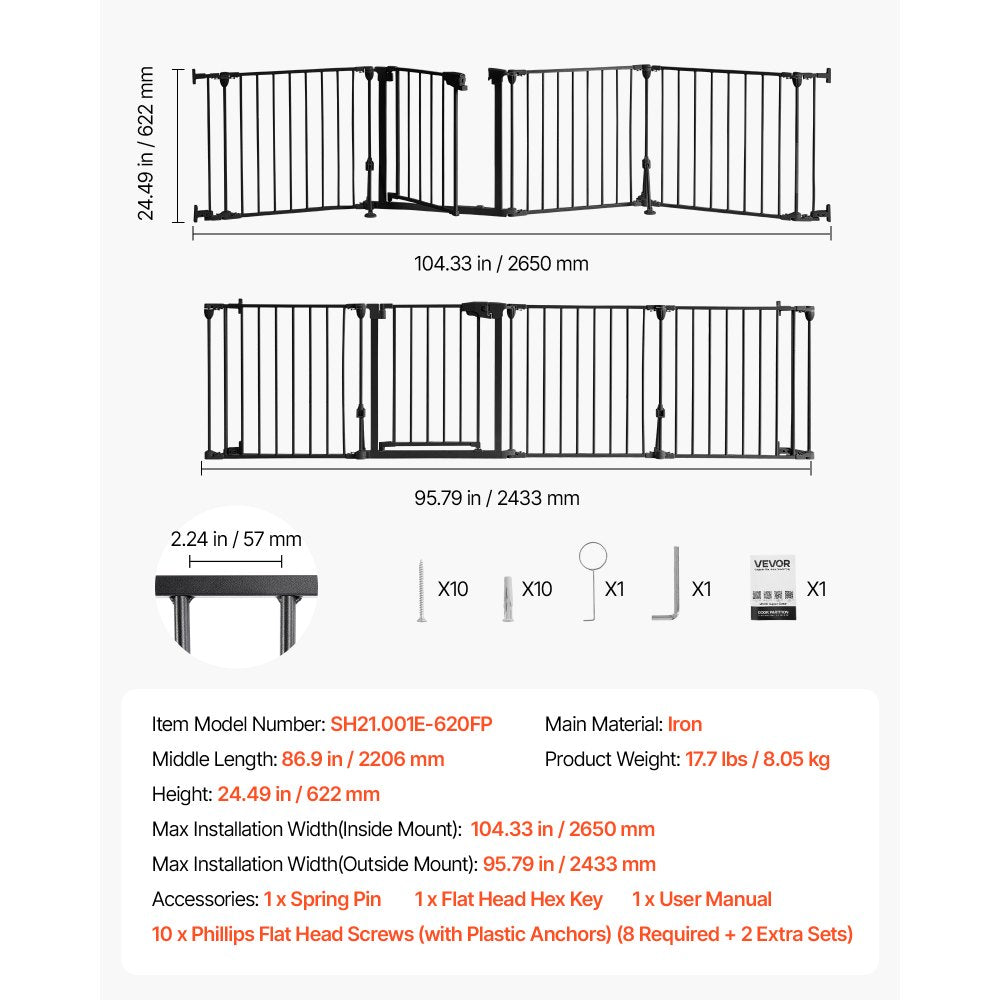 VEVOR Freestanding Dog Gate 24" Tall 4-Panel Foldable Metal Pet Gate Black, For Stairs Doorways, Dual-Triangle Support, Sturdy Metal Construction, Freestanding or Wall Mount, Flexible Shapes, Easy Fit