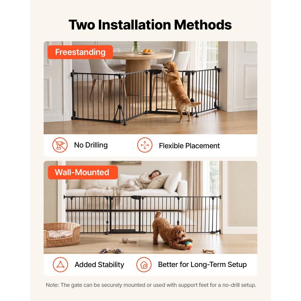 VEVOR Freestanding Dog Gate 24" Tall 4-Panel Foldable Metal Pet Gate Black, For Stairs Doorways, Dual-Triangle Support, Sturdy Metal Construction, Freestanding or Wall Mount, Flexible Shapes, Easy Fit