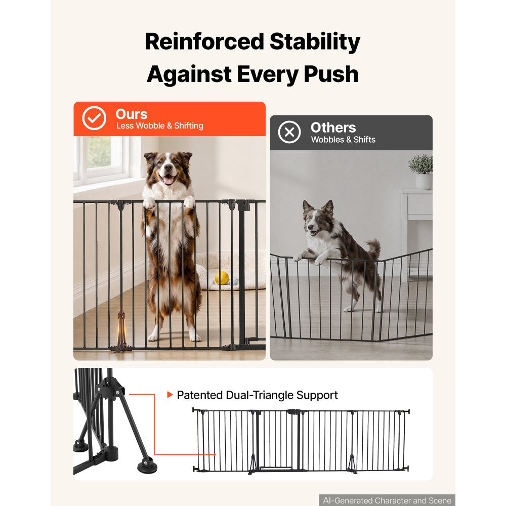 VEVOR Freestanding Dog Gate 30" Tall 4-Panel Foldable Metal Pet Gate Black, For Stairs Doorways, Dual-Triangle Support, Sturdy Metal Construction, Freestanding or Wall Mount, Flexible Shapes, Easy Fit