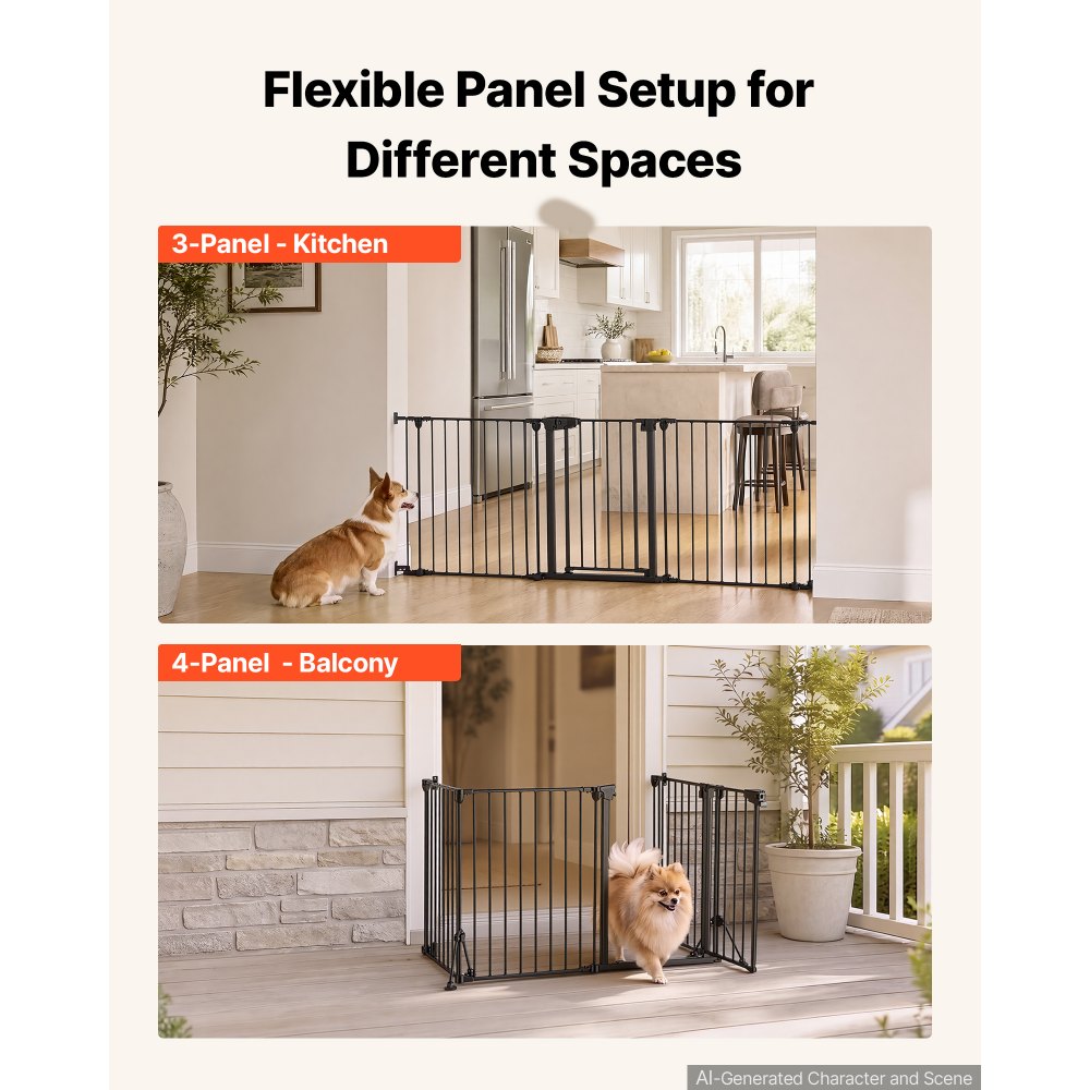 VEVOR Freestanding Dog Gate 30" Tall 4-Panel Foldable Metal Pet Gate Black, For Stairs Doorways, Dual-Triangle Support, Sturdy Metal Construction, Freestanding or Wall Mount, Flexible Shapes, Easy Fit