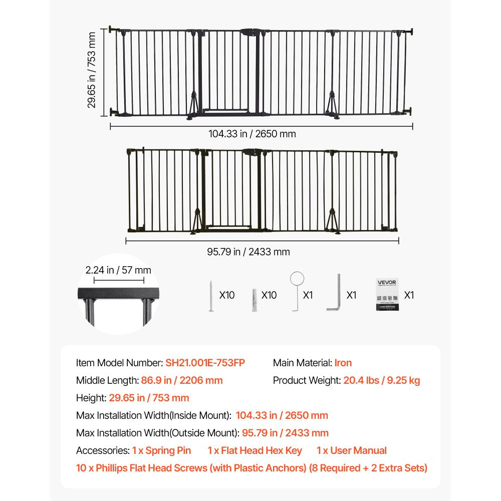 VEVOR Freestanding Dog Gate 30" Tall 4-Panel Foldable Metal Pet Gate Black, For Stairs Doorways, Dual-Triangle Support, Sturdy Metal Construction, Freestanding or Wall Mount, Flexible Shapes, Easy Fit