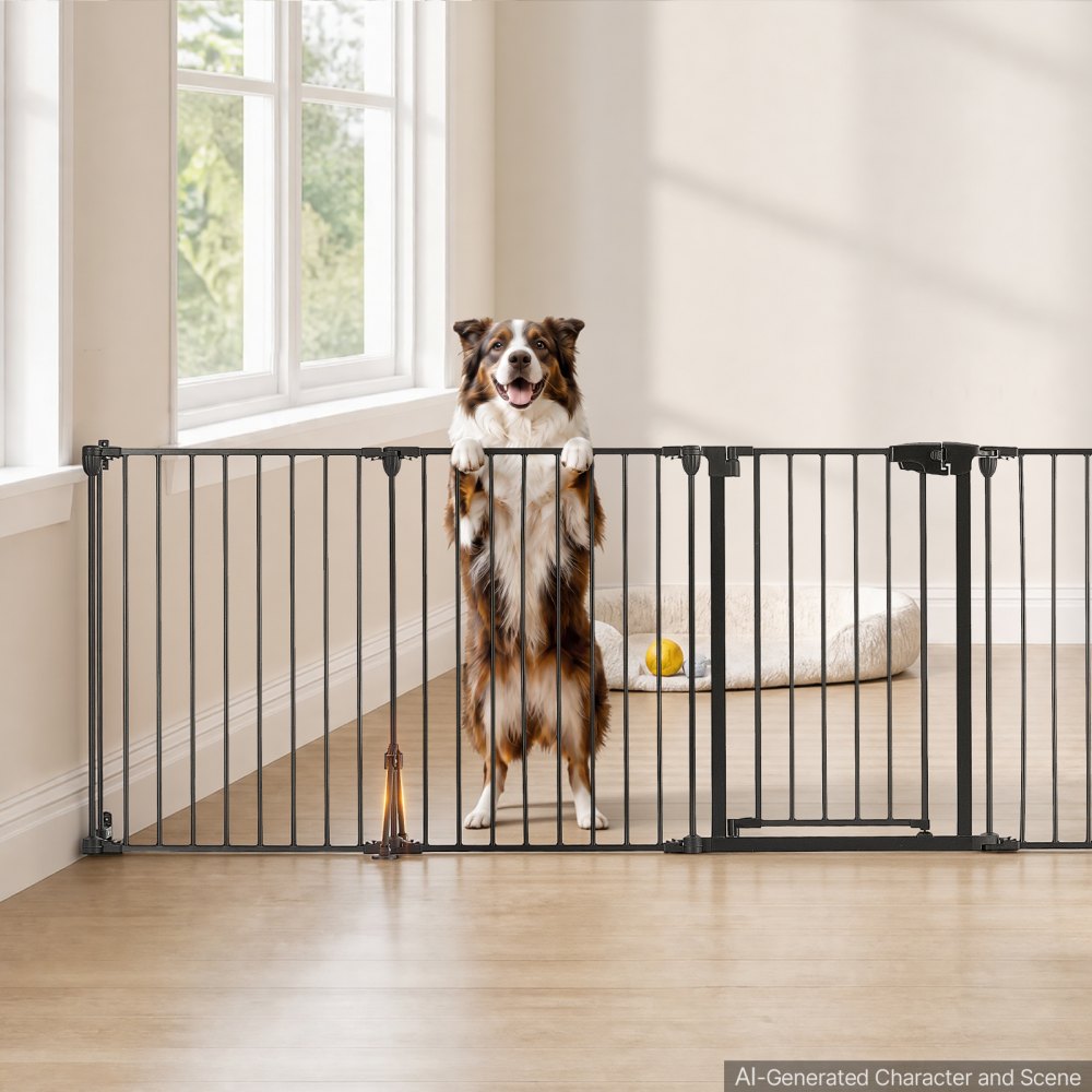 VEVOR Freestanding Dog Gate 30" Tall 4-Panel Foldable Metal Pet Gate Black, For Stairs Doorways, Dual-Triangle Support, Sturdy Metal Construction, Freestanding or Wall Mount, Flexible Shapes, Easy Fit