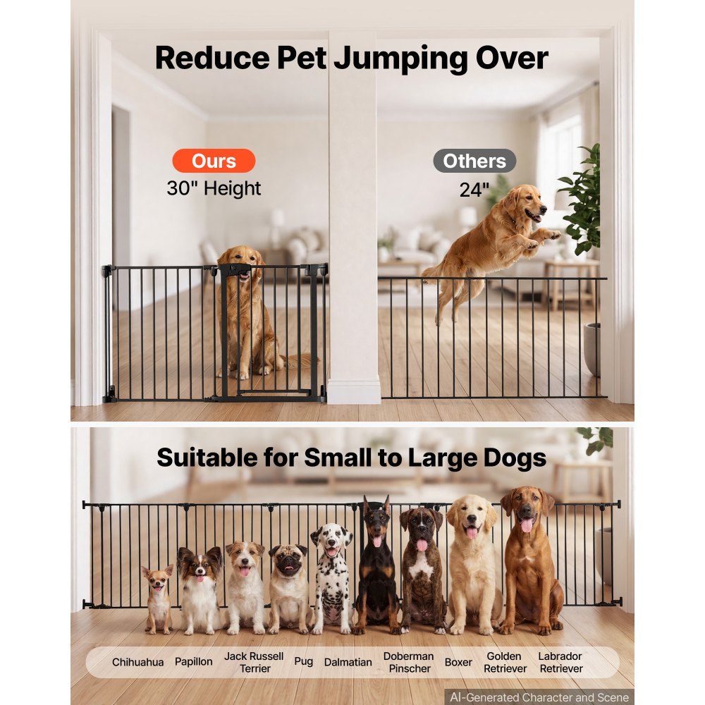 VEVOR Freestanding Dog Gate 30" Tall 6-Panel Foldable Metal Pet Gate Black, For Stairs Doorways, Dual-Triangle Support, Sturdy Metal Construction, Freestanding or Wall Mount, Flexible Shapes, Easy Fit