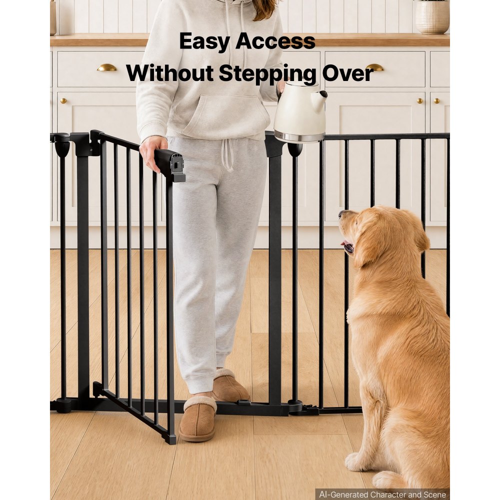 VEVOR Freestanding Dog Gate 30" Tall 6-Panel Foldable Metal Pet Gate Black, For Stairs Doorways, Dual-Triangle Support, Sturdy Metal Construction, Freestanding or Wall Mount, Flexible Shapes, Easy Fit