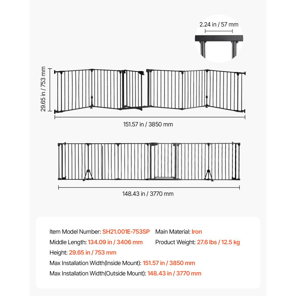 VEVOR Freestanding Dog Gate 30" Tall 6-Panel Foldable Metal Pet Gate Black, For Stairs Doorways, Dual-Triangle Support, Sturdy Metal Construction, Freestanding or Wall Mount, Flexible Shapes, Easy Fit