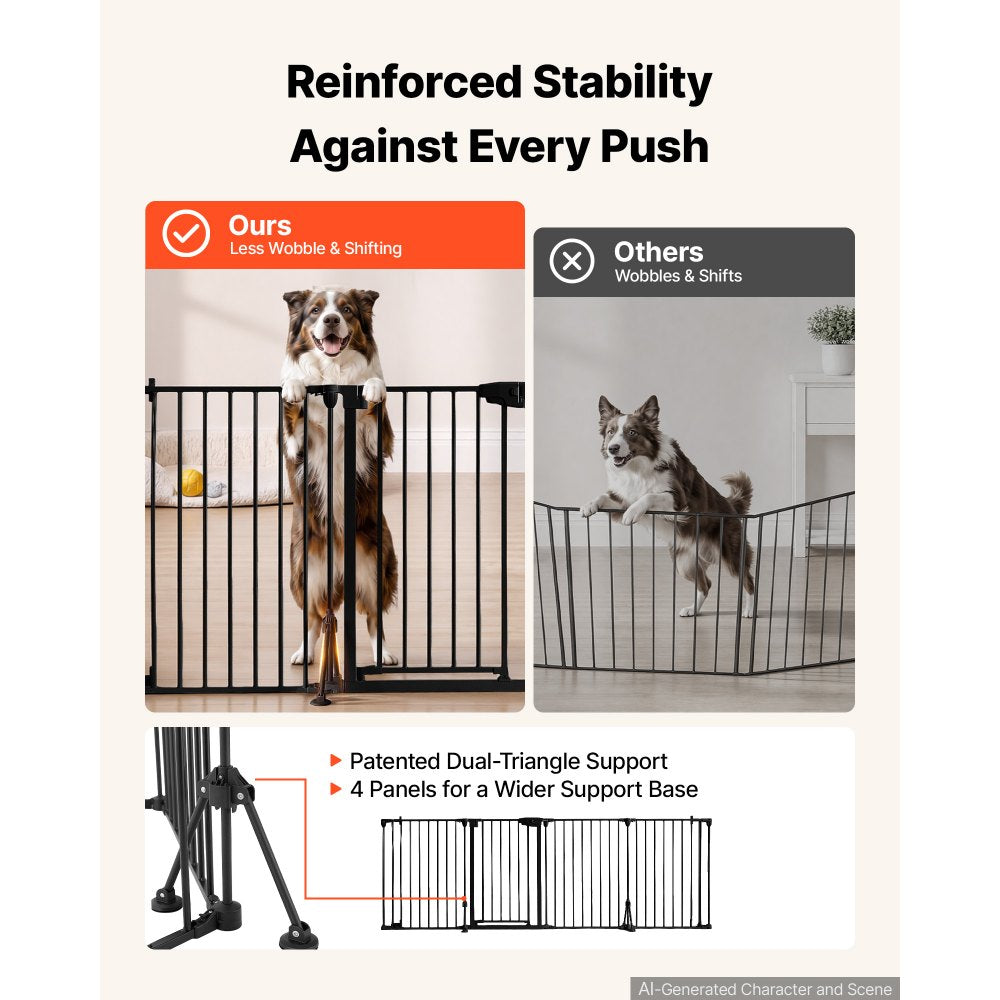 VEVOR Freestanding Dog Gate 32" Tall 4-Panel Foldable Metal Pet Gate Black, For Stairs Doorways, Dual-Triangle Support, Sturdy Metal Construction, Freestanding or Wall Mount, Flexible Shapes, Easy Fit