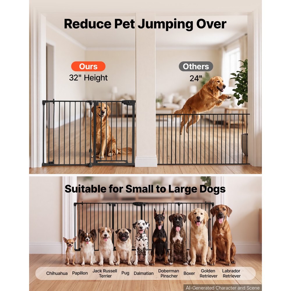 VEVOR Freestanding Dog Gate 32" Tall 4-Panel Foldable Metal Pet Gate Black, For Stairs Doorways, Dual-Triangle Support, Sturdy Metal Construction, Freestanding or Wall Mount, Flexible Shapes, Easy Fit