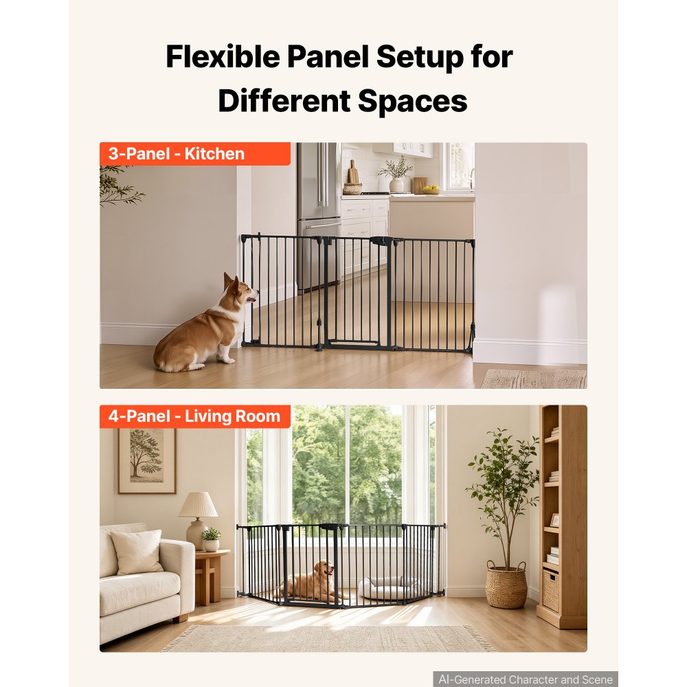 VEVOR Freestanding Dog Gate 32" Tall 4-Panel Foldable Metal Pet Gate Black, For Stairs Doorways, Dual-Triangle Support, Sturdy Metal Construction, Freestanding or Wall Mount, Flexible Shapes, Easy Fit
