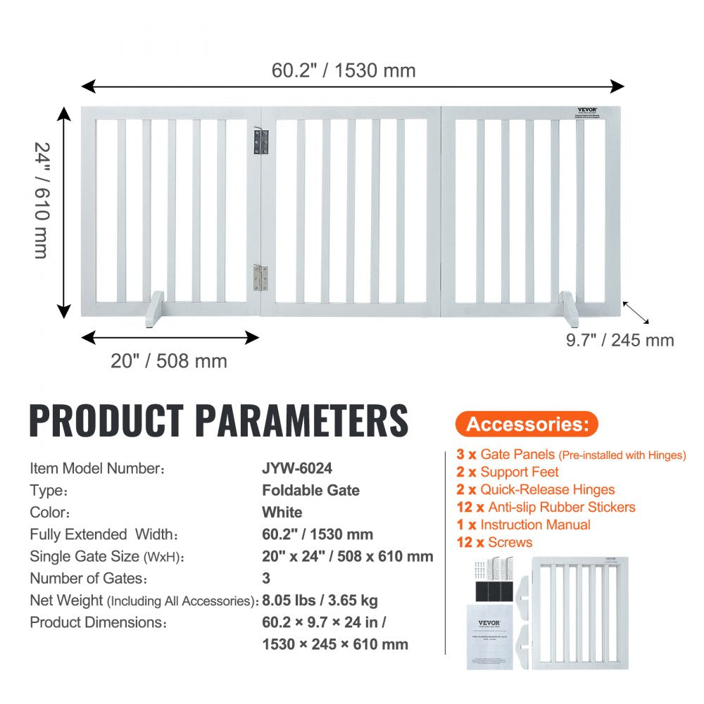 VEVOR Free Standing Dog Gate, 24" H x 60" W Freestanding Pet Gate, 3 Panels Foldable Dog Gate for Wide and Narrow Passageways, Expandable Dog Barrier with Silent Foot Support for Indoor, White