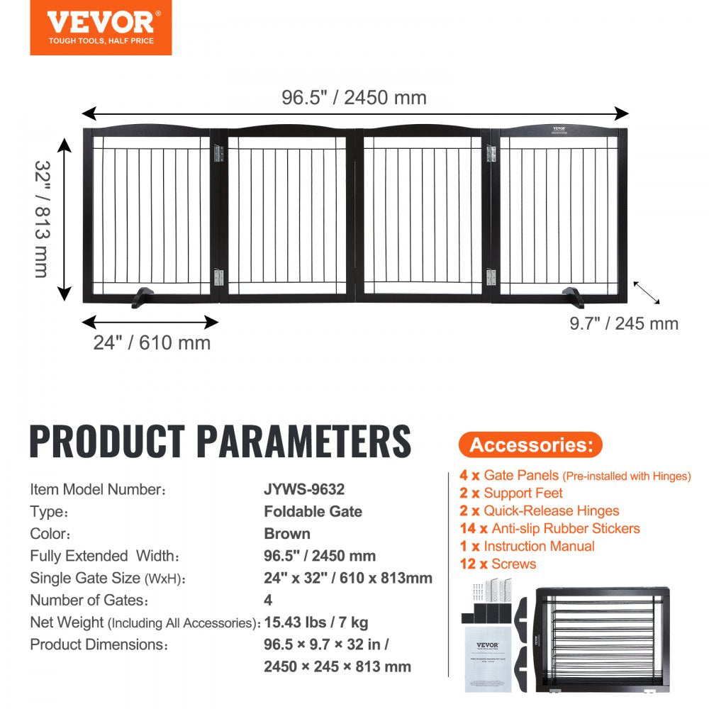 VEVOR Free Standing Dog Gate, 32" H x 96.5" W Freestanding Pet Gate, 4 Panels Foldable Dog Gate for Wide and Narrow Passageways, Expandable Dog Barrier with Silent Foot Support for Indoor, Brown