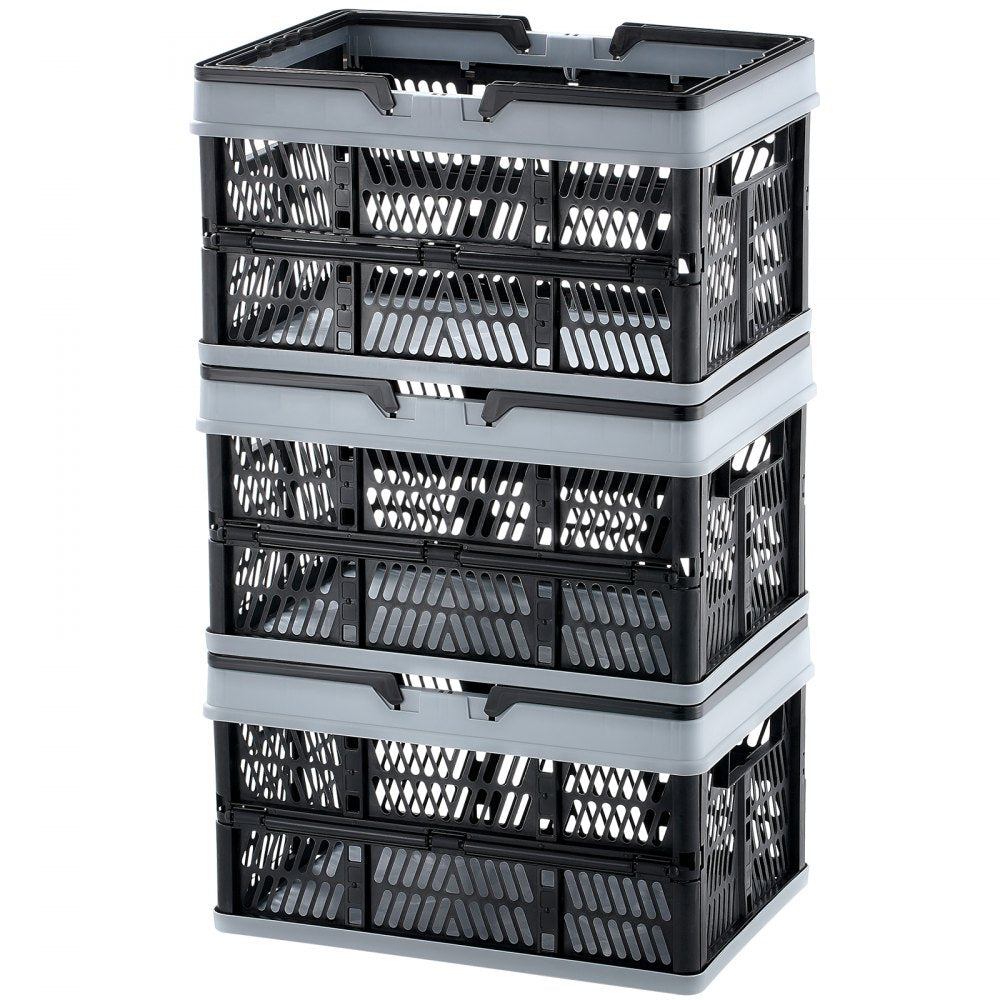 VEVOR Collapsible Shopping Basket, 3 Pack, 25L Plastic Foldable Storage Crate with Handle, Grocery Fruit Vegetable Shopping Basket Folding Storage Container for Supermarket Retail Shopping, Black