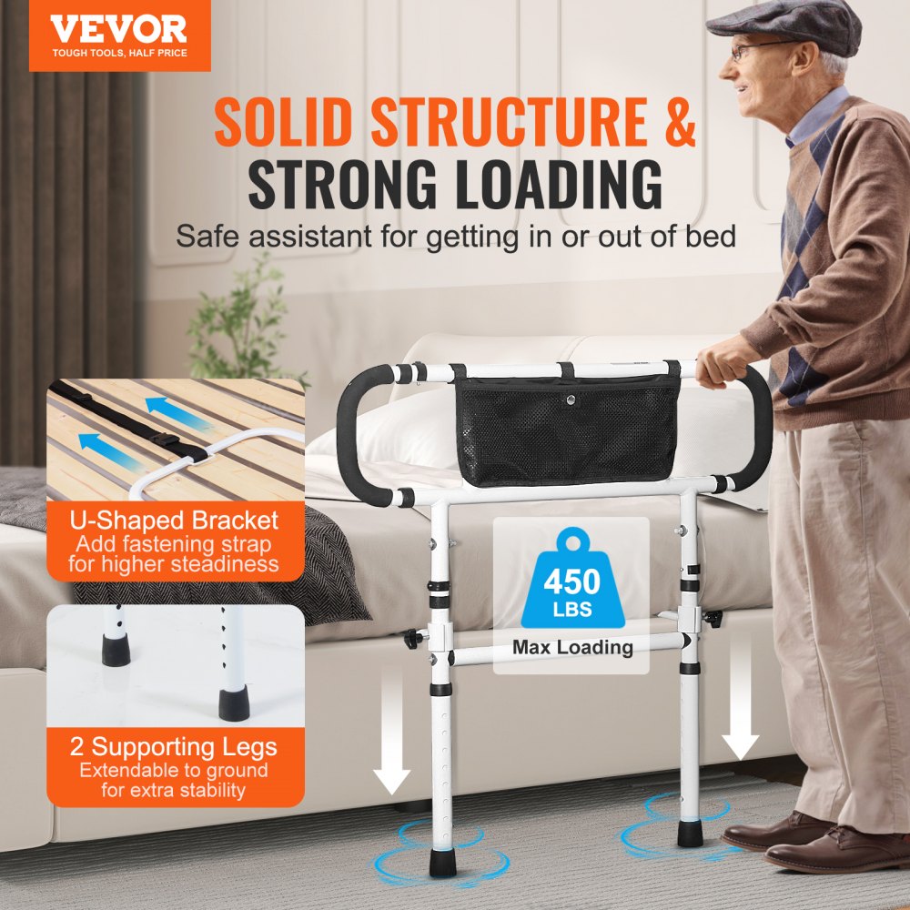 VEVOR Bed Rails for Elderly Adults, 180° Foldable Bed Assist Rails for Seniors, 450LBS Loading Bed Side Rails Bed Cane with 4-Level Adjustable Handle, Storage Pocket Fits King Queen Full Twin Bed