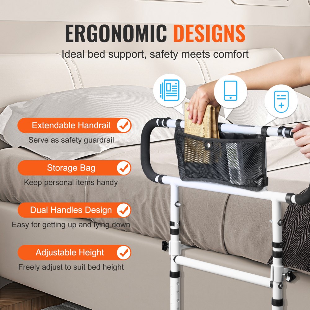 VEVOR Bed Rails for Elderly Adults, 180° Foldable Bed Assist Rails for Seniors, 450LBS Loading Bed Side Rails Bed Cane with 4-Level Adjustable Handle, Storage Pocket Fits King Queen Full Twin Bed
