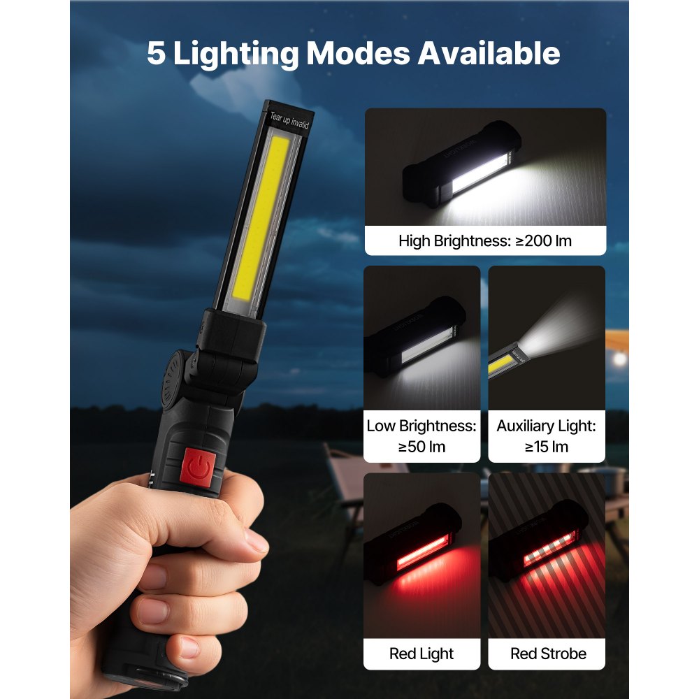 VEVOR Rechargeable LED Work Light, 1200 mAh, Magnetic Mechanic Flashlight with Magnetic Base, 360° Rotation, 5 Lighting Modes, Foldable Grill Lamp for Mechanics, Car Repairs, Home, Emergency (2 Pack)