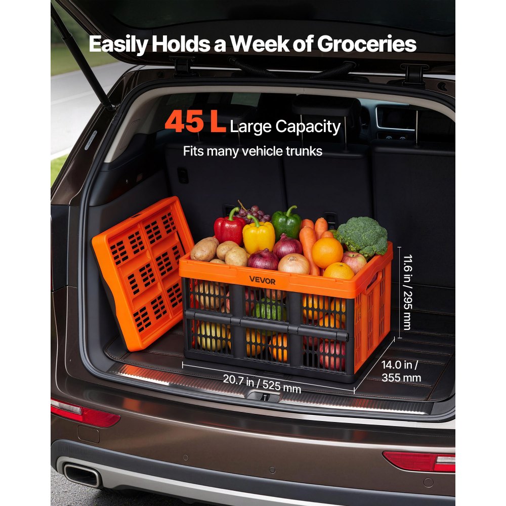 VEVOR Plastic Collapsible Storage Bins, 45L 6 Packs, Stackable Folding Storage Crates with Handles, Holds 33 lbs Per Bin, Foldable Heavy Duty Containers, Space-Saving Baskets, for Home Organizing