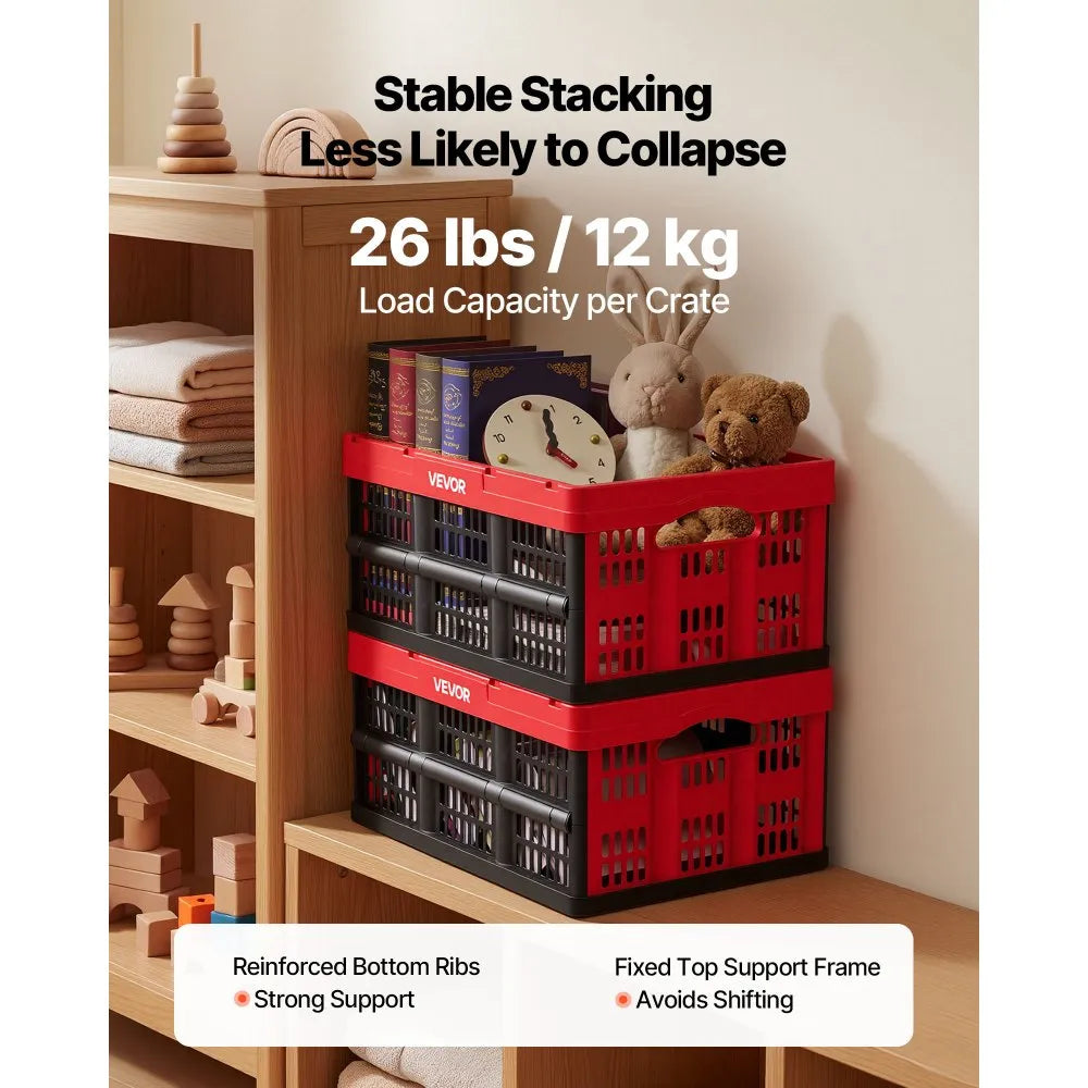VEVOR Plastic Collapsible Storage Bins, 32L 3 Packs, Stackable Folding Storage Crates with Handles, Holds 26 lbs Per Bin, Foldable Heavy Duty Containers, Space-Saving Baskets, for Home Organizing
