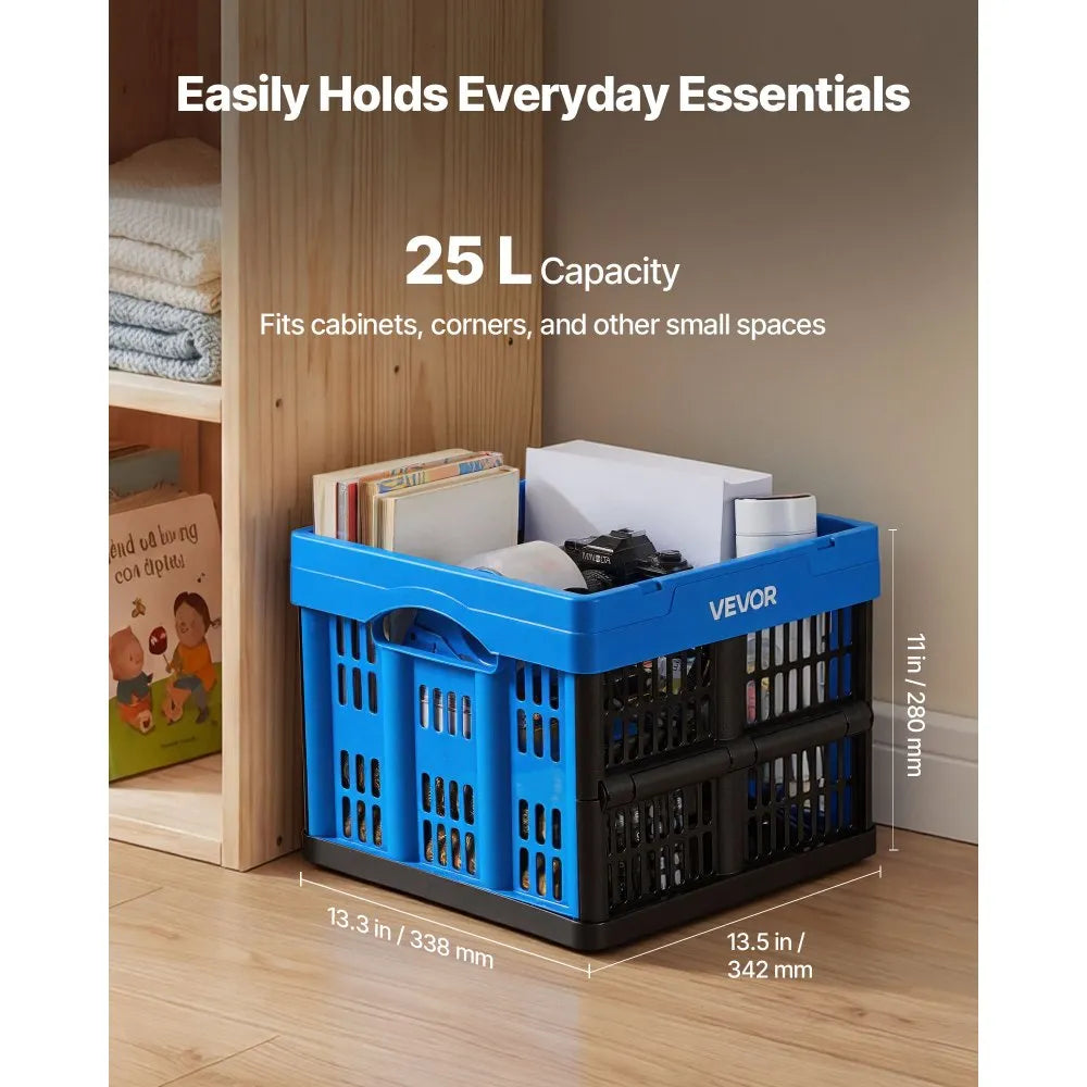 VEVOR Plastic Collapsible Storage Bins, 25L 3 Packs, Stackable Folding Storage Crates with Handles, Holds 22 lbs Per Bin, Foldable Heavy Duty Containers, Space-Saving Baskets, for Home Organizing