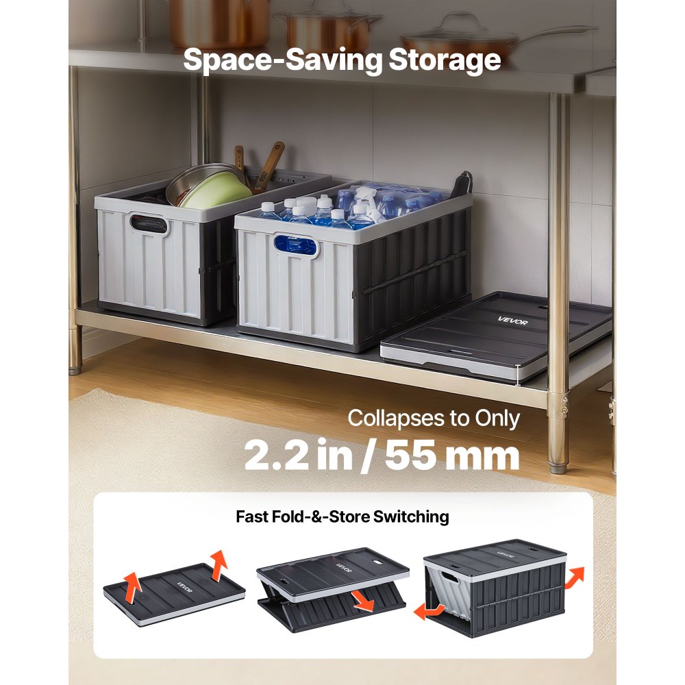 VEVOR Plastic Collapsible Storage Bins with Lids, 65L 3 Packs, Stackable Folding Storage Crates with Handles, Holds 84 lbs Per Bin, Heavy Duty Containers, Space-Saving Baskets, for Home Organizing