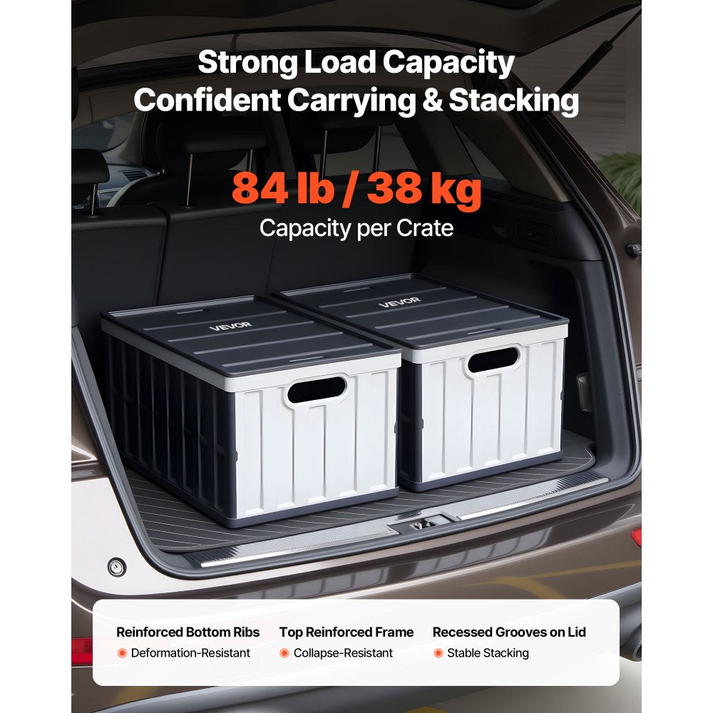 VEVOR Plastic Collapsible Storage Bins with Lids, 65L 2 Packs, Stackable Folding Storage Crates with Handles, Holds 84 lbs Per Bin, Heavy Duty Containers, Space-Saving Baskets, for Home Organizing