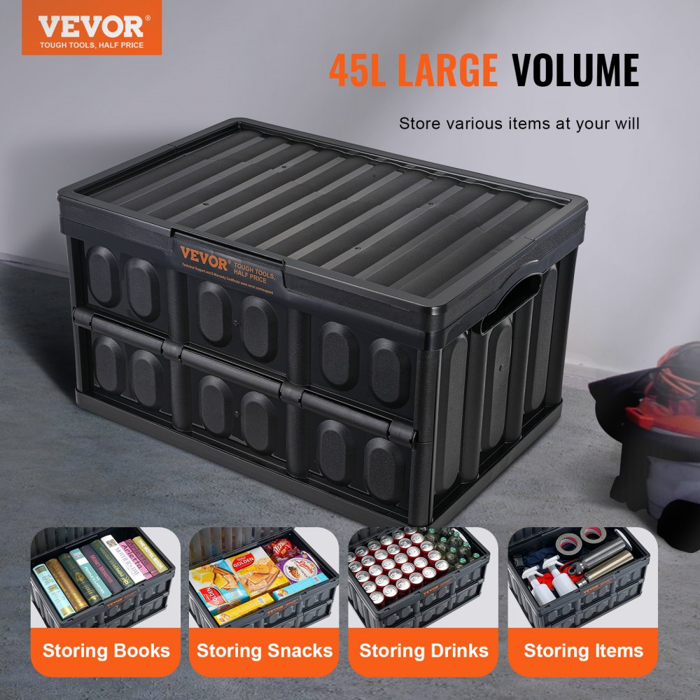 VEVOR Collapsible Storage Bins with Lids, 45L 3 Packs, Folding Plastic Stackable Utility Crates with Handles, Large Heavy Duty Containers for Clothes, Toys, Books, Snack, Shoes, and Grocery Organizing