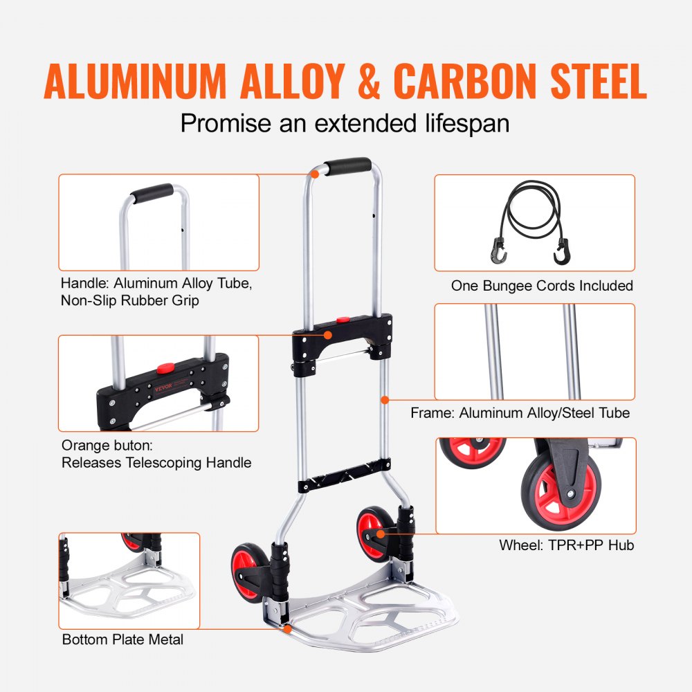 VEVOR Folding Hand Truck and Dolly, 176 lbs Capacity, Aluminum Foldable Cart, Heavy-Duty Luggage Trolley Cart with Telescoping Handle and PP+TPR Wheels for Home, Office, Shopping, Travel