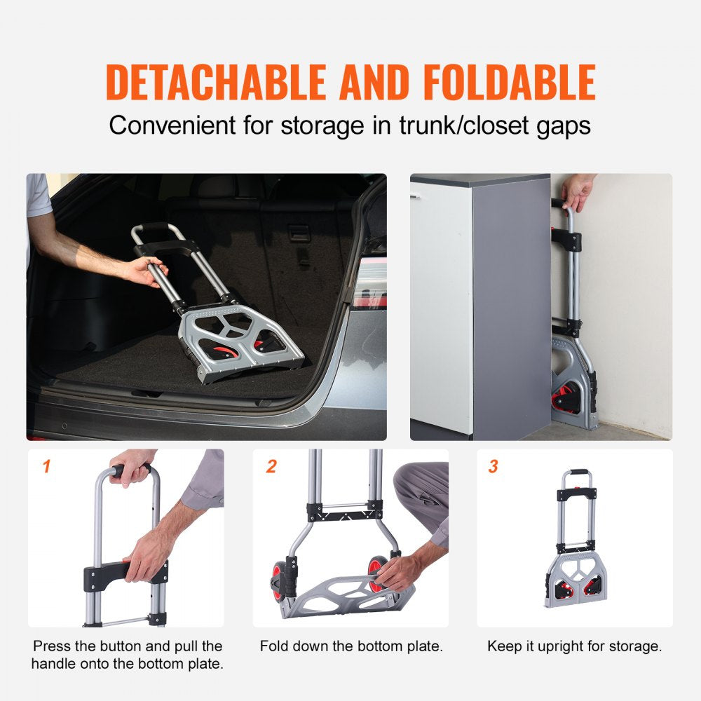 VEVOR Folding Hand Truck and Dolly, 176 lbs Capacity, Aluminum Foldable Cart, Heavy-Duty Luggage Trolley Cart with Telescoping Handle and PP+TPR Wheels for Home, Office, Shopping, Travel