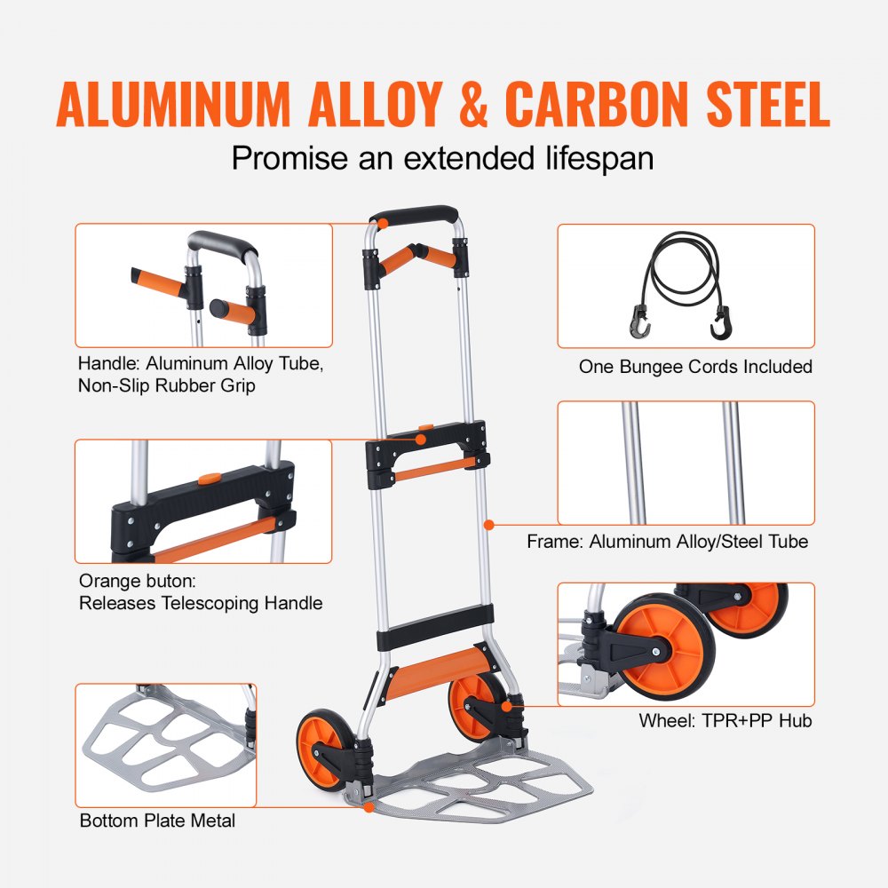 VEVOR Folding Hand Truck, 309 lbs Load Capacity, Aluminum Portable Cart, Convertible Hand Truck and Dolly with Telescoping Handle and PP+TPR Wheels, Ultra Lightweight Super Strong for Moving Warehouse