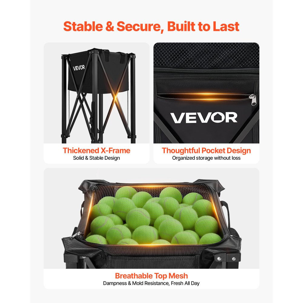 VEVOR Tennis Ball Hopper, Holds 120 Tennis Balls, Foldable Pickleball Basket Cart with Wheels for Easy Pick Up, Lightweight Aluminum Alloy, Portable Pickleball Caddy with Storage Bag, for Training
