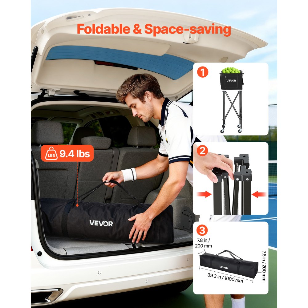 VEVOR Tennis Ball Hopper, Holds 120 Tennis Balls, Foldable Pickleball Basket Cart with Wheels for Easy Pick Up, Lightweight Aluminum Alloy, Portable Pickleball Caddy with Storage Bag, for Training