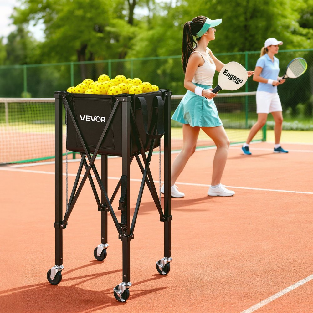 VEVOR Tennis Ball Hopper, Holds 120 Tennis Balls, Foldable Pickleball Basket Cart with Wheels for Easy Pick Up, Lightweight Aluminum Alloy, Portable Pickleball Caddy with Storage Bag, for Training