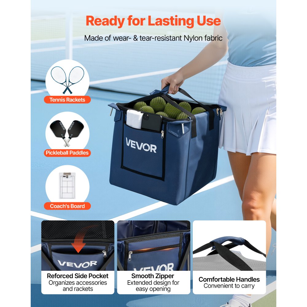 VEVOR 2-in-1 Tennis & Pickleball Hopper, with Pickup Tube, Foldable Pickleball Basket Cart with with Wheels, Holds 150 Tennis Balls or 260 Pickleballs, Portable Pickleball Caddy Holder, for Training