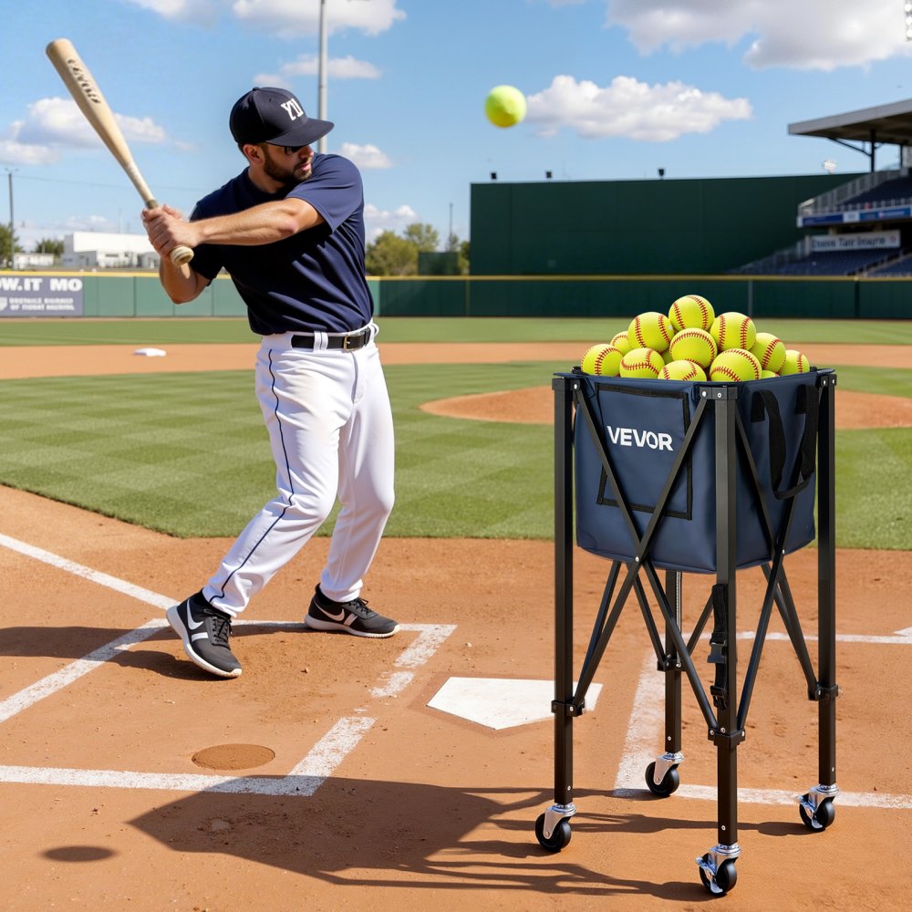 VEVOR 2-in-1 Tennis & Pickleball Hopper, with Pickup Tube, Foldable Pickleball Basket Cart with with Wheels, Holds 150 Tennis Balls or 260 Pickleballs, Portable Pickleball Caddy Holder, for Training