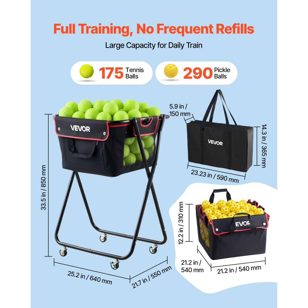 VEVOR Tennis Ball Hopper, Holds 175 Tennis Balls or 290 Pickleballs, Foldable Pickleball Basket Cart with Wheels for Easy Pick Up, Portable Baseball Cart Caddy with Storage Bag, for Training Coaching