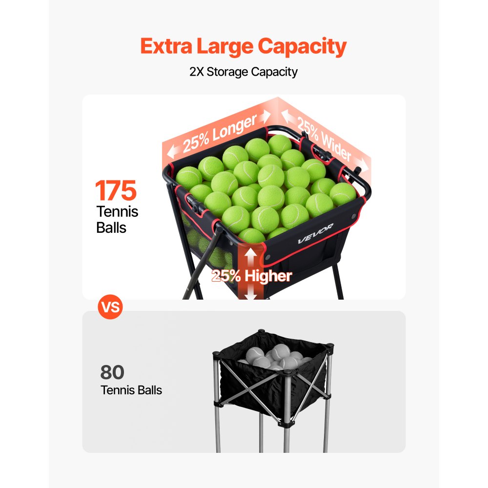 VEVOR Tennis Ball Hopper, Holds 175 Tennis Balls or 290 Pickleballs, Foldable Pickleball Basket Cart with Wheels for Easy Pick Up, Portable Baseball Cart Caddy with Storage Bag, for Training Coaching