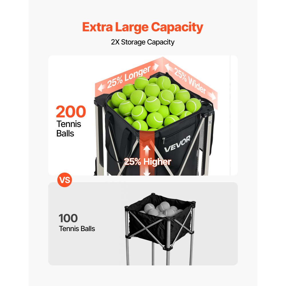 VEVOR Tennis Ball Hopper, Holds 200 Tennis Balls, Foldable Pickleball Basket Cart with Wheels for Easy Pick Up, Stainless Steel Portable Pickleball Cart Caddy with Storage Bag, for Training Teaching